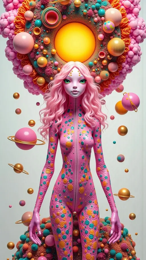 Prompt: **Prompt:**  
"A surreal retro-psychedelic collage featuring a pink alien humanoid with a sleek, elongated head that tapers elegantly at the top, her skin glowing with a bioluminescent shimmer. Her voluminous, curly neon-pink hair cascades like candy floss, framing her exaggerated, oversized pouty lips, which are plush, glossy, and irresistibly kissable, glowing faintly as if charged with cosmic energy. Her large, almond-shaped eyes dominate her face, their irises shifting like liquid opals between lavender, cerulean, and gold, with pearlescent white sclera adding an ethereal intensity to her gaze. Delicate, glowing markings in the shape of constellations trace her temples, hinting at her celestial origins. She wears a holographic pink latex space suit that clings to her form and radiates iridescent hues, reflecting the swirling starlight around her.  

The background is a chaotic, surreal expanse of space, blending vibrant, swirling galaxies in magenta, turquoise, and orange with retro 1960s-style patterns, like checkerboards, spirals, and melting shapes. Planets with glittering rings float alongside distorted, vintage sci-fi spaceships, while glowing nebulae twist into optical illusions. The entire scene feels like a trippy, cosmic fever dream, with textures and colors bleeding together in a kaleidoscopic haze. The composition has an agog finish, with every detail exaggerated and vibrating with energy, as though the universe itself is alive and pulsing in sync with her presence. This alien goddess is both glamorous and surreal, a living embodiment of cosmic psychedelia."  

retro analog style finish 