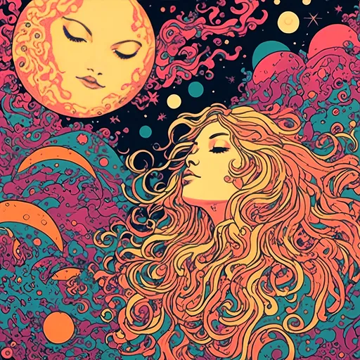 Prompt: <mymodel>Psychedelic poster art illustration of a girl with long blond curly hair on the moon with cats  night, vibrant colors, surreal, high quality, poster art, detailed curls, dreamy atmosphere, celestial cats, moon, psychedelic, long hair, vibrant colors, surreal, detailed illustration