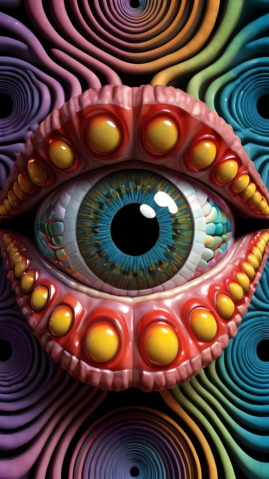 Prompt: Create an extremely hyper-realistic, ultra super textural, weird, trippy, surreal, psychedelic eyes/teeth/mouth pattern/design based on Mandelbrot & “Op Art tiling” with lots of human eyes (crazy colorful compound psychedelic), rows of human teeth, human lips, and tongues. 

- **Colors**: determined by the properties and expressions of the elements (& their isotopes), minerals, and metals: Tourmaline, Rhenium (Re)

**Shapes and forms**
- Mandelbrot 
- "Op Art tiling" 
-other shapes determined by the natural properties and expressions of the elements (& their isotopes), minerals, metals, and biological organisms: tourmaline,  Rhenium (Re),


- **Textures**: Derived from any/all elements (& their isotopes), minerals, metals, crystals, organic things mentioned in this prompt: tourmaline, Rhenium (Re)

**Composition and Layout**:
- a pattern/design based on the Op Art tiling & Mandelbrot 

**Lighting**:
- lots of bright light
- Phosphorescence

**Detail and Atmosphere**:
- Extreme hyperrealistic sharp high detail high definition organic and mineral textures
- Psychedelic, weird, odd, surreal atmosphere
- Frozen in time

**Additional Elements**:
- extra rows of teeth, lips, many eyes, Op Art tiling, Mandelbrot 
