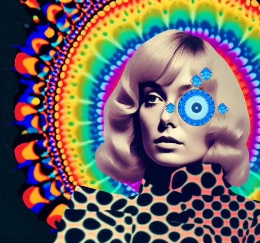 Prompt: a psychedelic collage reminiscent of 70s psychedelic sci fi collage artwork celebrating a girl on mushrooms. It is to feature a photograph of a woman with blond curly hair that is edited by splicing it with other images from photographs, magazines, newspapers, illustrations/paintings to create the impression she is high on magic mushrooms. The work will include such elements as a psychedelic 3rd eye open, stars and planets, trippy optical illusions and patterns, psilocybin cubensis mushrooms, fractals, UFOs, aliens, geometric shapes, auras, rainbow spectrums, sacred geometry, trippy drippy stuff, psychedelic hallucinations, open eyes, landscapes of astral worlds<mymodel>