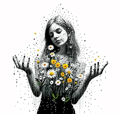 Prompt: <mymodel>Girl sprouting wildflowers in summer rain, mixed multimedia medium, black and white, halftone photo, detailed wildflowers, paint, enamel, glitter, sparkles, foils, magazine pages, cut/folded paper, rhinestones, thread, high quality, detailed, mixed media, black and white, halftone, summer rain, vibrant wildflowers, artistic, creative, intricate details, serene atmosphere, professional lighting, captivating composition