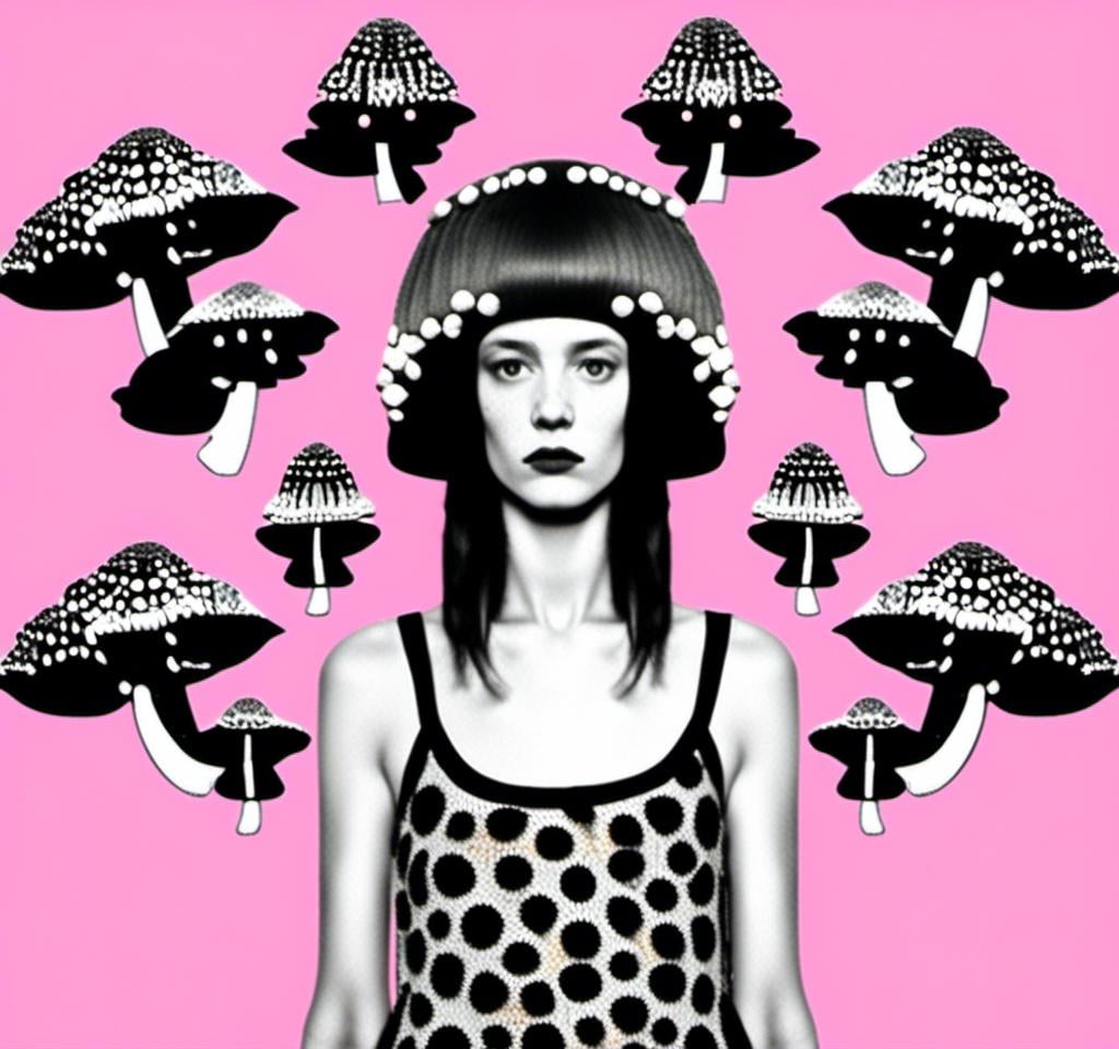 Prompt: a mixed media collage of a girl wearing or growing mushrooms/fungus as clothing body parts and accessories. She is a black and white or halftone photograph, the mushrooms and fungal growths are to be mixed media, including but not limited to paint, enamel, foils, glitter, sparkle, sequins, found objects, natural items, rhinestones etc <mymodel>