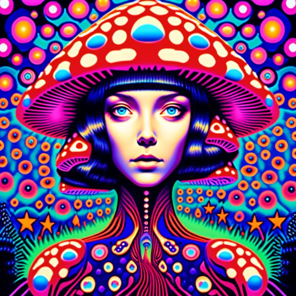 Prompt: a psychedelic girl on psychedelic magic mushrooms, her pupils are hugely dilated, with stars in her eyes she perceives ineffable geometries, colors that do not exist, fractals, the astral reality of her nature, while surrounded by psilocybe cubensis mushrooms, liberty caps, hallucinations and hallucinogenic mushrooms in a psychedelic poster art illustration <mymodel>