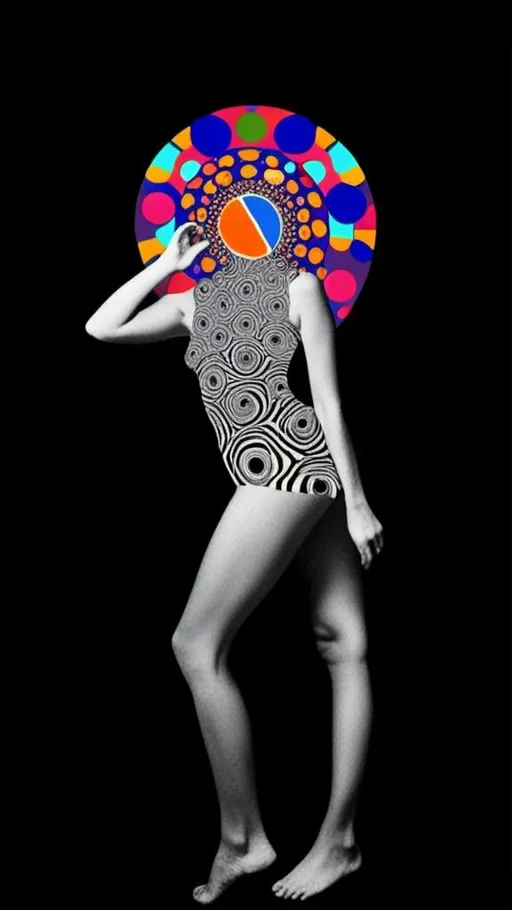 Prompt: <mymodel>Psychedelic collage of a woman, spliced and edited with psychedelic planets, cats, and UFOs, a psychedelic open third eye, incorporating paint, enamel, and found objects, black and white optical illusions, high quality, surreal, vibrant colors, trippy, psychedelic, detailed collage, cosmic theme, colorful lighting surreal collage