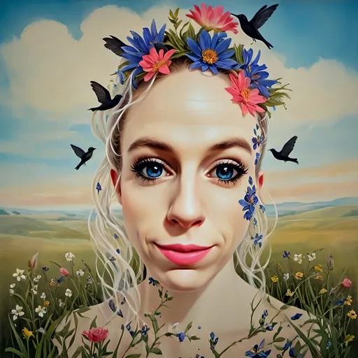 Prompt: "Design an enchanting and highly detailed scene featuring a slim Caucasian woman with long, wild, and very curly pink hair cascading down her shoulders, glowing softly in the golden light of a late afternoon sun. Her striking blue eyes shimmer like clear sapphires, contrasting beautifully with the vivid colors of her surroundings. Her body is adorned with intricate, hand-painted floral patterns in a variety of hues—delicate pinks, vibrant oranges, deep blues, and soft purples—flowing organically across her skin like a living tapestry. She is seated elegantly in a lush meadow filled with blooming wildflowers, their petals swaying gently in the breeze.  

She wears an elaborate floral crown, crafted from oversized daisies, peonies, and roses in pastel and jewel tones, interwoven with sprigs of greenery and tiny blossoms. Hummingbirds with iridescent feathers flit gracefully around her, their wings a blur of motion as they sip nectar from the flowers. Her flowing dress, made of soft, sheer fabric in shades of blush and cream, drapes around her like a second skin, blending seamlessly with the floral patterns on her body.  

The background features a dreamy expanse of rolling hills, fading into a misty horizon under a sky painted with soft clouds and golden light. The scene is rendered in a painterly, romantic style with a mix of realism and fantasy, emphasizing vibrant colors, intricate textures, and a surreal, magical atmosphere that feels both grounded in nature and otherworldly."