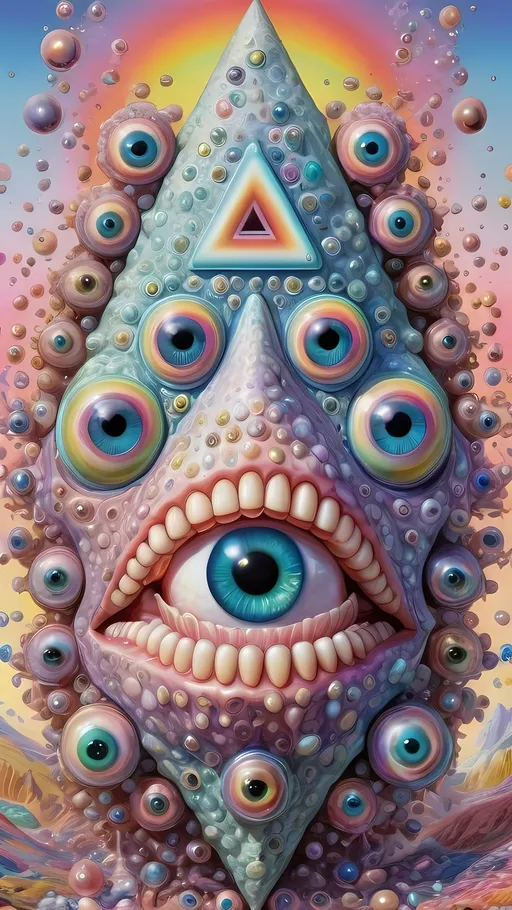 Prompt: an extremely hyper realistic ultra super textural weird trippy surreal psychedelic entity, gyroid structures, Pascal's Triangle, white, translucent, clear, bright bright pastel colors, oil slick rainbow sheen effect, lots and lots of light, lots of crazy colorful compound psychedelic human eyes, rows of human teeth, fungus, atoms, diatoms, gyroid structures, Pascal's Triangle