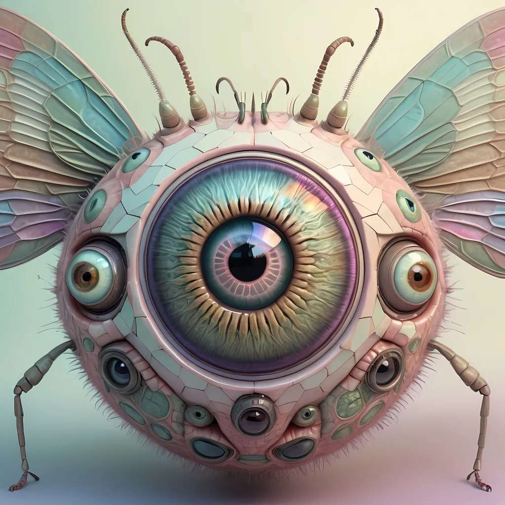 Prompt: A surreal extremely hyper realistic super textural psychedelic geometric eyeball creature with insect wings, pastel light colors,  lots of crazy trippy psychedelic human eyes, human teeth, organic and mechanical, multidimensional, weird surreal unsettling odd