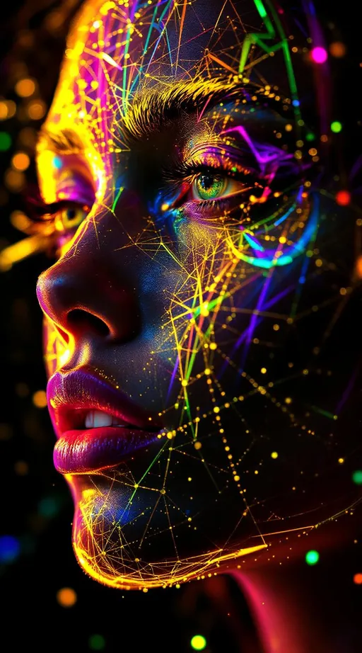 Prompt: A woman’s face composed of recursive fractal rainbow light—hyper-saturated with ultraviolet, laser gold, neon pink, iridescent greens, and cosmic chrome—emerges from a holographic light-sheet. Her skin is a twisted Mobius lattice of angle-mapped distortions, each loop folding her reflection into itself—a glitch shimmer of mirrored identity. Her eyes are twin disco balls, each one a topological echo, reflecting reversed-space entanglements; her pupils shimmer with conformal inversion glyphs. Her hair flows in looping streamlines of mirrored dimension logic, each strand a pathway through impossible topology; lips shimmer like Klein bottle lips glossed in time-refraction. She floats inside a recursive Studio 54—a velvet black twistspace wrapped in mirrored inversion bubbles of herself, every boundary bending hue and logic across complex angle fields. Around her spiral multidimensional mandalas of chromatic reversal—mirror-vein spirals, identity-twist caustics, and Mobius-glam halos—reflecting self-similarity through dream-distortion recursion. The space pulses like an identity rave: logic-loop beats, inversion grooves, and reflection-dance mapped to non-Euclidean glamour. Render as :topology-glam :identity-flux :mirror-math :mobius-glitz :recursive-glamour :studio54-wormhole :angle-encoded :logic-fold :symbolic-saturation.
