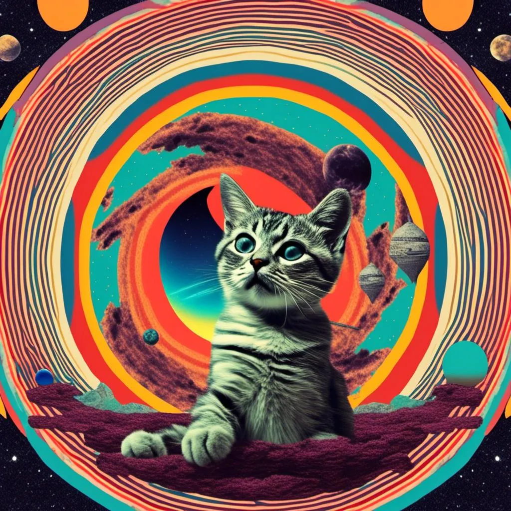 Prompt: a psychedelic collage with a vintage 70s sci-fi animation feel to it except the subject matter will be CATS IN SPACE! The collage will have elements of photography, illustration, trippy patterns and optical illusions, alien landscapes, strange trippy planets, UFOs,, meteors, all cut and spliced together in a psychedelic collage style <mymodel>