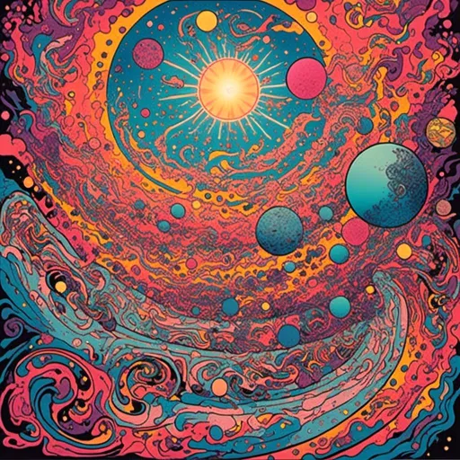 Prompt: <mymodel>Psychedelic illustration of the creation of the universe, stars and planets forming, vibrant colors, swirling nebulas, galaxies coming into existence, high-quality, surreal, cosmic, vibrant colors, swirling patterns, detailed celestial bodies, psychedelic lighting