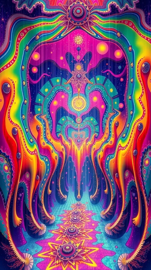 Prompt: Psychedelic ego death from a “heroic dose”, melting Into fractals, depersonalization, dripping visuals, melting landscapes, cascading fractals, kaleidoscopic patterns, iridescent colors, morphing shapes, liquid reality, infinite spirals, breathing walls, celestial beings, geometric grids, shimmering auras, holographic visions, ethereal light beams, cosmic symphony, pulsating vibrations, crystalline structures, flowing mandalas, radiant energy fields, swirling galaxies, prismatic rainbows, translucent veils, dissolving ego, universal consciousness, otherworldly entities, luminescent trails, time distortion, sensory overload, transcendental clarity, and boundless love.