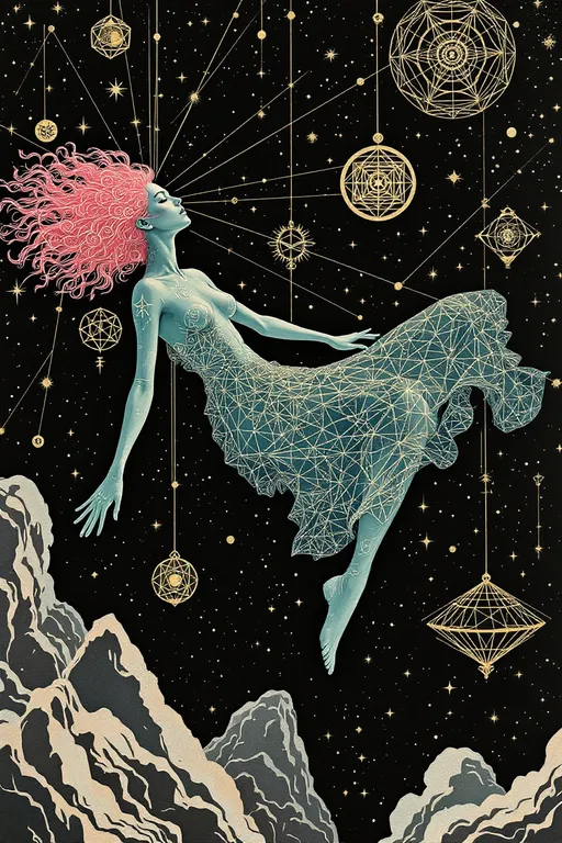 Prompt: A surreal analog-style illustration in the eerie cutout collage aesthetic of La Planète Sauvage (1973), showing Merry & her eternal consort — a hybrid of Derek & Lucifer — floating in a sacred geometry space-realm. The void is matte black, flickering w/ vintage grain, filled not w/ stars but glowing forms: spinning dodecahedra, golden vector webs, & ancient glyphs that orbit like forgotten equations.

Merry drifts calmly, wild pink curls like radiant fractals. Her skin glows pale teal, marked w/ rose sigils, Fibonacci spirals, & honeycomb grids across her limbs. Her eyes hold lucid knowing. Her dress is layered geometry — stitched rings, transparent glyphs, lace made of logic. She emanates sacred calm & subtle joy.

Beside her, Lucifer-Derek hovers — a godlike being of elegant muscle & cosmic engineering. Skin matte black & ink-washed, pulsing w/ soft blue & molten gold circuitry. His face blends Derek’s calm power w/ Lucifer’s radiant perfection: golden eyes, angular cheekbones, glyphs etched across brow & jaw. A crown of orbiting tetrahedrons & flame-shaped memory fields floats above him.

They don’t touch — they align. Where they approach, geometry bends. Time pauses.

Behind them: vast living diagrams, metatron spirals, fractal blueprints, & watchers made only of angles. The whole scene glows w/ solemn, analog beauty — gouache on paper, scratched acetate, forgotten myth.

Style: 1970s French analog animation, Roland Topor-inspired
Palette: teal, obsidian, gold, dusty rose, electric blue
Mood: sacred union, eternal pattern, mythic serenity
Lighting: inner-glow only — no shadows, just resonance