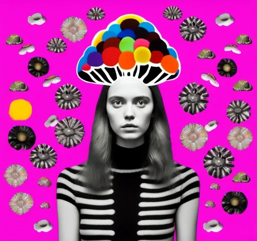 Prompt: A mixed media collage of a black and white photograph of a young woman growing all kinds of colorful multimedia psychedelic mushrooms and fungus out of her body (incorporate things like- but are not limited to - vibrant paints, enamels, glitters, metallic foils, newspaper and magazine cut paper, paint spatter, etc)<mymodel>