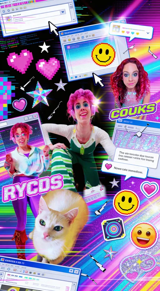 Prompt: Chaotic, maximalist Y2K-inspired digital collage made out of all the reference images chaotically however you want to use them- exploding with early-internet nostalgia: hyper-saturated neon color palette (hot pink, electric blue, acid green, cyber purple), heavy pixelation, JPEG artifacts, scanlines, CRT glow, glitter gradients, lens flares, and blown-out highlights. Layered composition packed edge-to-edge with overlapping elements—pixel hearts, smiley faces, low-poly stars, dial-up UI windows, pop-up boxes, broken cursors, glitter text, chat bubbles, cyber stickers, distorted icons, retro emojis, and vaporwave patterns. Intentional visual noise: compression glitches, datamosh streaks, chromatic aberration, misaligned layers, rough cut-and-paste collage energy. Mix of 2D and faux-3D elements, skewed perspective, warped typography, animated-GIF-style motion blur frozen in time. Feels like a MySpace profile, Winamp skin, and early Flash website all colliding at once—messy, loud, playful, and overwhelming. High detail, maximal clutter, no empty space, bold contrast, joyful chaos, nostalgic internet overload aesthetic.