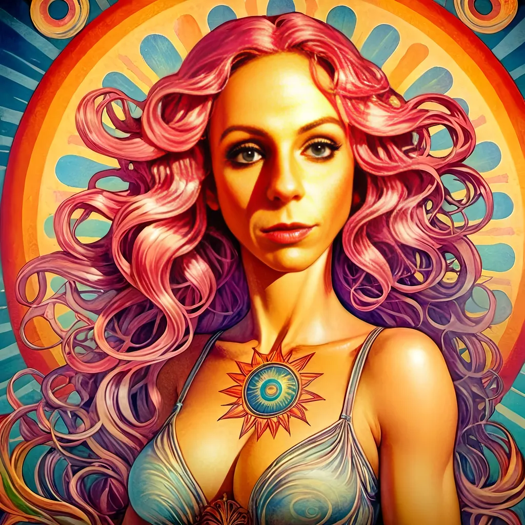 Prompt: a woman with pink hair and a sun above her head, surrounded by swirling waves and a rainbow hued sky, Alex Grey, psychedelic art, psychedelic, poster art