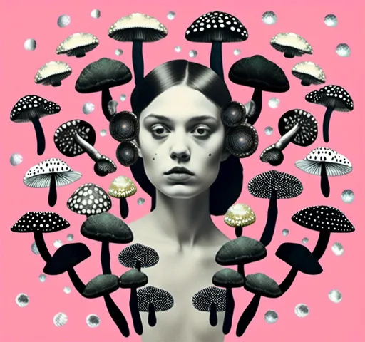 Prompt: a mixed media collage of a girl wearing or growing mushrooms/fungus as clothing body parts and accessories. She is a black and white or halftone photograph, the mushrooms and fungal growths are to be mixed media, including but not limited to paint, enamel, foils, glitter, sparkle, sequins, found objects, natural items, rhinestones etc <mymodel>