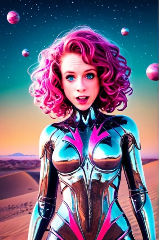 Prompt: A babelicious retrofuturistic space babe stands on a vividly colored alien desert, with two large glowing moons in a pastel, psychedelic sky. Her long curly pink hair flows upward in gravity-defying swirls, sculpted into a retrofuturistic style with translucent coils and chrome accents. She wears tight iridescent holofractal armor, covered in glowing, whimsical glyphs and symbols—stars, loops, cosmic sigils—etched into the chrome like sacred circuitry. The suit shines with bright rainbow translucence, reflecting every color like oil on water.

In one hand, she holds a clear, crystalline raygun that blasts a stream of electric rainbow geometry—spinning fractal snowflakes, Platonic solids, prism stars—exploding from the barrel in midair, leaving trails of color and light. Her body gleams with liquid-like surfaces that shift color depending on the angle, glowing against the pale sand.

The desert landscape ripples with black-and-white optical illusion patterns—checkerboards, swirl tunnels, and distorted grids—emerging from the dunes like psychedelic mirages. Small, adorable green aliens peek from behind rocks, staring in awe. The whole scene is richly illustrated, with hand-drawn textures, stippling, watercolor fills, and a grainy analog collage aesthetic, blending traditional sci-fi illustration with psychedelic surrealism.

Style: La Planète Sauvage meets Lisa Frank x retro pulp sci-fi cover art
Visual features: ultra-vivid neons, translucent shimmer, pastel iridescence, glitchy surreal textures, sacred geometry
Mood: powerful, strange, euphoric—she’s an interdimensional pop goddess with a glitter cannon and zero regrets.