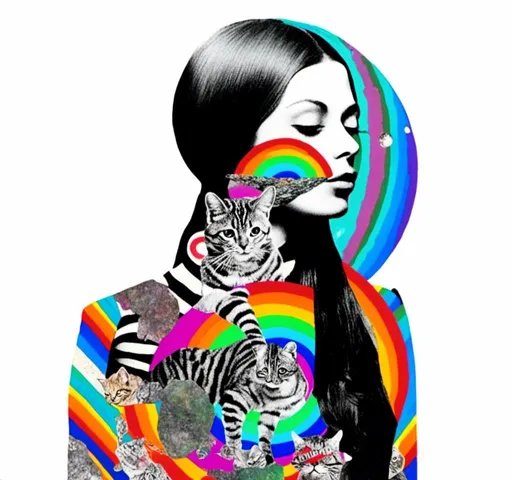 Prompt: <mymodel>Psychedelic collage of a woman, spliced and edited with psychedelic planets, cats, and UFOs, a psychedelic open third eye, incorporating paint, enamel, and found objects, black and white optical illusions, high quality, surreal, vibrant colors, trippy, psychedelic, detailed collage, cosmic theme, colorful lighting surreal collage