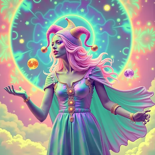 Prompt: A super hyperrealistic yet also illustrative and creative female cosmic jester, made entirely of swirling pure colored light, with long wild curly hair that appears pink but is a dazzling spectrum of hues shimmering beneath the surface. She is adorned in beautiful avant-garde "astral" jester's attire, complete with intricate clown makeup that glimmers like stardust and a definitive jester's hat adorned with miniature galaxies that orbit its tips. Her ensemble includes exquisite accoutrements—ornate cosmic bangles that hum with the resonance of distant quasars and an ethereal cape that flows like liquid auroras. She sparkles, shines, and dazzles in a mesmerizing swirl of ever-changing colors, embodying the essence of cosmic whimsy and wonder. Perched atop an enormous, spinning Möbius strip made of liquid starlight, she juggles glowing quantum orbs that flicker between states of existence, each orb containing a miniature universe that pulses with fractal patterns. The background is a psychedelic tapestry of hyperdimensional geometry, where constellations rearrange themselves into impossible shapes, and stars pulse to the rhythm of an unheard cosmic melody. Fractal tessellations resembling Escher-like infinity loops cascade through the scene, while quantum entanglement trails connect her juggling orbs in a dance of light. Möbius transformations ripple through the liquid starlight, creating endless loops of brilliance, as pulsating nebulas, astral winds swirling with cosmic dust, and shimmering auroras flow like liquid silk across the infinite expanse.