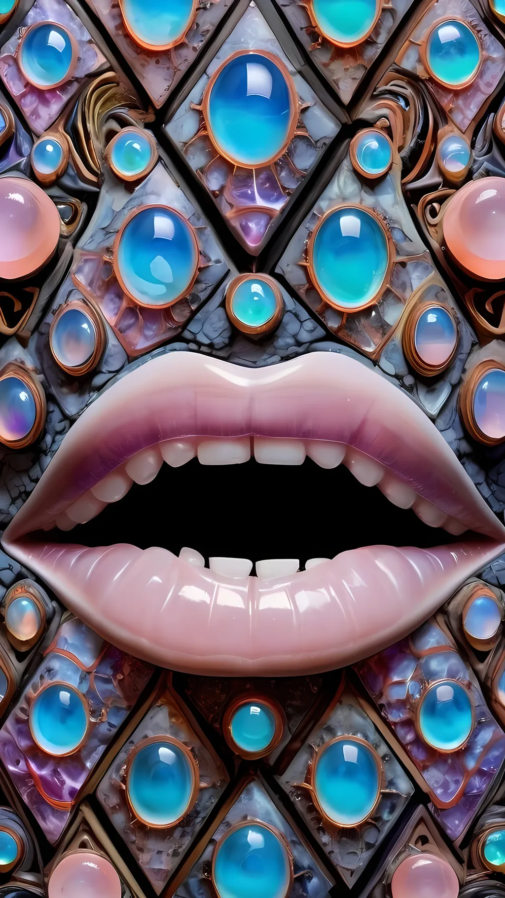 Prompt: Create an extremely hyper-realistic, ultra super textural, weird, trippy, surreal, psychedelic eyes/teeth/mouth pattern/design based on Mandelbrot & “Op Art tiling” with lots of human eyes (crazy colorful compound psychedelic), rows of human teeth, human lips, and tongues. 

- **Colors**: determined by the properties and expressions of the elements (& their isotopes), minerals, and metals: opal, moonstone, Kunzite, selenite, rose quartz, Palladium (Pd), “Fusarium verticillioides”

**Shapes and forms**
- Mandelbrot 
- "Op Art tiling" 
-other shapes determined by the natural properties and expressions of the elements (& their isotopes), minerals, metals, and biological organisms: opal, moonstone, Kunzite, selenite, rose quartz,  Palladium (Pd), “Fusarium verticillioides”


- **Textures**: Derived from any/all elements (& their isotopes), minerals, metals, crystals, organic things mentioned in this prompt: opal, moonstone, Kunzite, selenite, rose quartz, Palladium (Pd), “Fusarium verticillioides”

**Composition and Layout**:
- a pattern/design based on the Op Art tiling & Mandelbrot 

**Lighting**:
- lots of bright light
- Iridescence
- Aventurescence
- Chatoyancy
- Asterism

**Detail and Atmosphere**:
- Extreme hyperrealistic sharp high detail high definition organic and mineral textures
- Psychedelic, weird, odd, surreal atmosphere
- Frozen in time

**Additional Elements**:
- extra rows of teeth, lips, many eyes, Op Art tiling, Mandelbrot, Iridescence, Aventurescence, Chatoyancy
