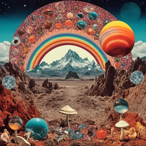 Prompt: <mymodel>surreal Psychedelic collage of spliced photographs, mushrooms, crystals, alien landscapes, desert landscapes, mountain landscapes, space, planets, orbs, psychedelic patterns, geometric shapes, optical illusions, highres, ultra-detailed, surreal, psychedelic, vibrant colors, cosmic, intricate details, surrealistic, dreamy lighting