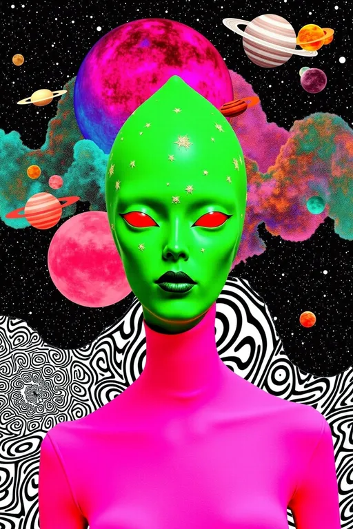 Prompt: 
"A surreal retro-psychedelic collage featuring black and white optical illusion patterns and a beautiful green & pink alien humanoid with a sleek, elongated conical shaped head that tapers elegantly at the top, her skin green .oversized pouty lips, which are plush, holofractal glossy, and irresistibly kissable. Her large, almond-shaped eyes dominate her face. Delicate, glowing markings in the shape of constellations trace her temples, hinting at her celestial origins. She wears a holographic pink latex space suit that clings to her form and radiates iridescent hues, reflecting the swirling starlight around her.  

The background is a glitchy, chromatic aberration-y glitched out black hole on a chaotic, surreal expanse of black and white optical illusion pattern, space, blending vibrant, swirling galaxies in magenta, turquoise, and orange with retro 1960s-style patterns, like checkerboards, spirals, and melting shapes. Planets with glittering rings float alongside distorted, vintage sci-fi spaceships, while glowing nebulae twist into optical illusions. The entire scene feels like a trippy, cosmic fever dream, with textures and colors bleeding together. The composition has an agog finish, with every detail exaggerated and vibrating with energy, as though the universe itself is alive and pulsing in sync with her presence. This alien goddess is both glamorous and surreal, a living embodiment of cosmic psychedelia."  

retro analog style finish with popping colors