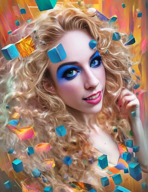 Prompt: a psychedelic hallucination of a female with long blond curly hair modeling avant Garde fashions accessories and makeup created directly out of multidimensional geometry fractals, hypercubes, non Euclidean geometry, psychedelic fashion halucinations 