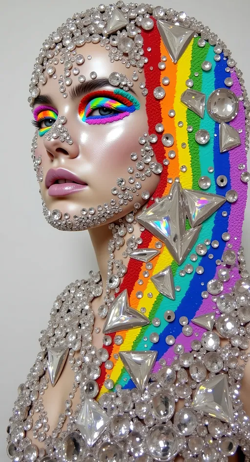 Prompt: <mymodel>beautiful female sentient rainbow entity with silver, opalescent, iridescent, bismuth crystals, rainbow oil slick sheen effect, white, translucent, bright pastel colors, lots of light,