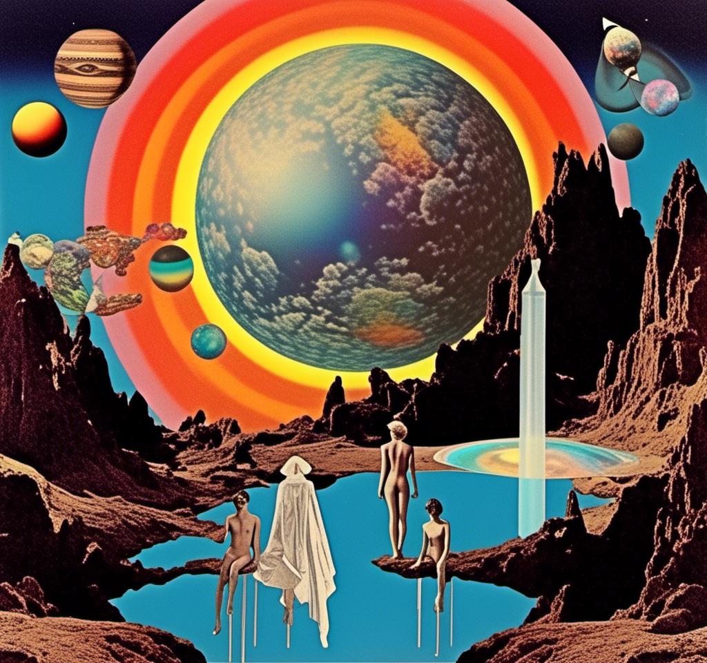 Prompt: A vintage 70s psychedelic collage with the theme “astral vacation”- incorporate themes of astral projection, the astral plane, the silver cord, use an astral brilliantly but sometimes muted opalescent color palette, & combine it all with planets, orbs, optical illusions and psychedelic trippy patterns, color spectrums as a surreal vintage psychedelic collage<mymodel>