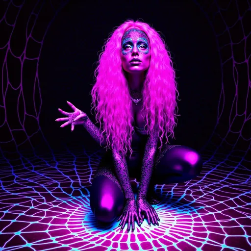 Prompt: A hyperrealistic portrait of a spider-inspired woman, crouched seductively at the center of her glowing, intricate web. She is a slim, caucasian figure with long, wild, pink, very curly hair streaked with metallic oil-slick hues—chrome rainbows shifting between purples, greens, and blues. Her piercing blue eyes are joined by a cluster of smaller arachnid eyes across her forehead and temples, shimmering like black opals with iridescent flashes of violet and teal, giving her a hypnotic, predatory gaze.

Her pose is dynamic and fierce—one hand grips a glowing web strand, her claw-like fingers gleaming, while her other arm extends outward as if beckoning prey. Metallic spider legs extend gracefully from her back, anchoring her to the shimmering, geometric web, which refracts light into electric rainbows. The background is a shadowy void, softly lit by the web’s glow and faint neon highlights rippling across her chrome-like body.

Her sleek, black-metal outfit clings to her form, adorned with web-like patterns that shimmer with oil-slick hues. The lighting is dramatic, with sharp contrasts and neon reflections, while the color palette blends black, chrome, deep purples, greens, and blues, punctuated by bursts of rainbow light. Inspired by H.R. Giger’s biomechanical surrealism, this spider woman is seductive, dangerous, and otherworldly, poised like a predator in her web.