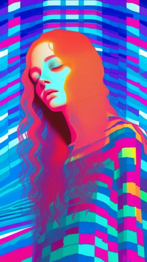 Prompt: <mymodel>Glitchy girl with long blond curly hair, glitched stretched pixels, psychedelic art style, highres, detailed hair, glitched effects, emotional expression, digital art, vibrant colors, surreal lighting