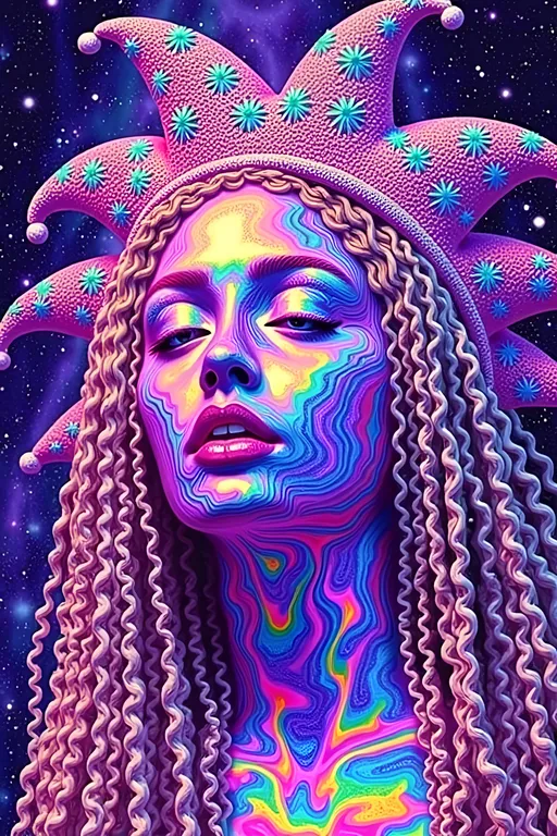 Prompt: Create a super hyperrealistic, finely detailed psychedelic Nouveau illustration of a Cosmic Jester. Feature the word MERRYPRANXTER worked organically into the background somehow.  This enchanting character is a merry prankster of the cosmos, an astral jokester dancing through time and space. She exudes a jester vibe, wearing feminine holographic jester attire & makeup with a feminine, harlequin twist. Not human, but humanoid, she is crafted from vibrant colored light, embodying an extra-dimensional extraterrestrial essence. Her presence is a beacon of joy, as she laughs and twirls through the cosmic astral realms, elevating vibes wherever she roams. 

Her beauty is otherworldly, with long, curly hair that shimmers like a cascade of colored light, appearing blonde yet transcending earthly hues. Her eyes sparkle with mischievous wisdom, and her attire is a dazzling array of intricate patterns and swirling colors, reminiscent of both jester garb and celestial phenomena.

Incorporate the text "the merrypranxter" above her in smaller, elegant lettering, seamlessly blending into the cosmic background. This text should capture the essence of her playful spirit, as if it were a whisper from the universe itself. The illustration should radiate her vibrant energy, portraying her as a timeless wanderer spreading joy and wonder throughout the cosmos.