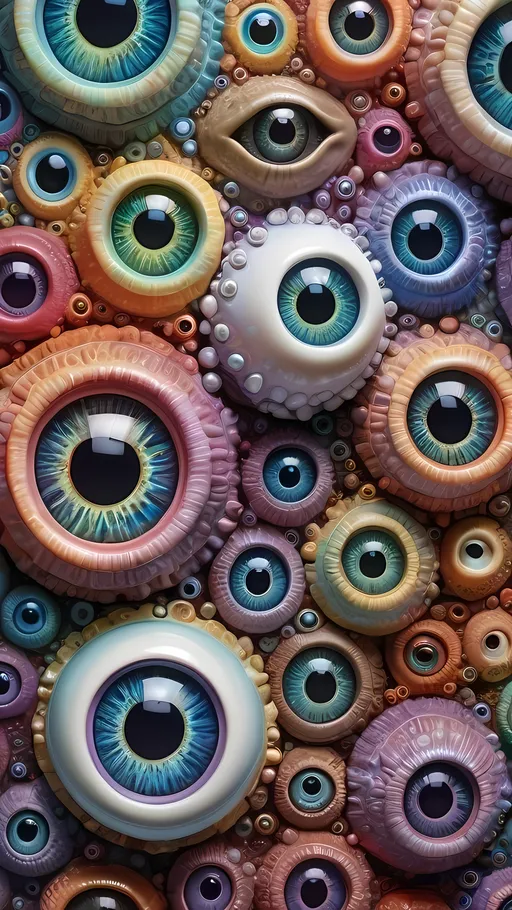 Prompt: an extremely hyper realistic ultra super textural weird trippy surreal psychedelic entity, Apollonian Gaskets, white, translucent, clear, bright bright pastel colors, oil slick rainbow sheen effect, lots and lots of light, lots of crazy colorful compound psychedelic human eyes, rows of human teeth, fungus, atoms, diatoms, Apollonian Gaskets