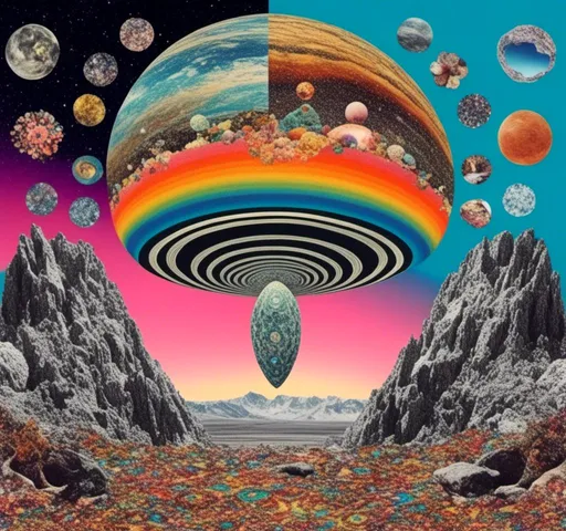 Prompt: <mymodel>surreal Psychedelic collage of spliced photographs, mushrooms, crystals, alien landscapes, desert landscapes, mountain landscapes, space, planets, orbs, psychedelic patterns, geometric shapes, optical illusions, highres, ultra-detailed, surreal, psychedelic, vibrant colors, cosmic, intricate details, surrealistic, dreamy lighting