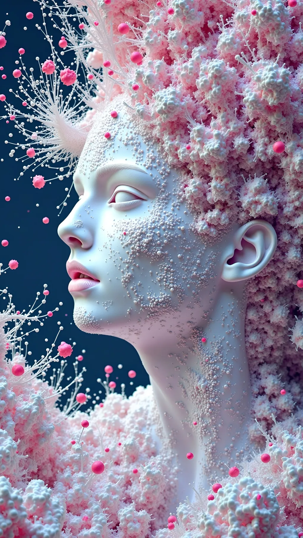 Prompt: This **“flesh mandala”** is a hyperreal masterpiece in **34k**, with stark white flesh and cosmic geometry. The **body parts**—**eyes**, **teeth**, **tongues**, **noses**, **ears**, **organs** like hearts, livers, lungs, and kidneys—are boldly prominent and vividly detailed, blending seamlessly into the pure white, moist flesh that pulses with energy. The composition spirals into **Mandelbrot sets**, **4D hyperspaces**, and **Mobius strips**, twisting into infinite loops and fractals, creating a multidimensional tapestry. Swirling **psychedelic eyes** and **recursive patterns** add surreal depth, while **blood vessels** and **nerves** weave through the layers in vivid **crimson** and **deep blue**. The landscape is accented with shimmering **bismuth**, **malachite**, **lapis lazuli**, and **iridescent opals**, their crystalline structures refracting light and adding cosmic shimmer. Tiny **microscopic organisms**, **fractals**, and **crystals** swirl within, amplifying the surreal complexity. Glistening, alive, and set against a mineral-rich backdrop, it’s an intricate universe—an exploration of body, mind, and infinity, rendered in stunning clarity and surreal beauty.