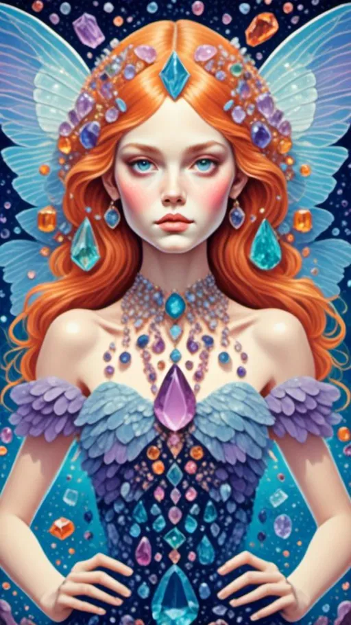 Prompt: <mymodel>Beautiful fairy made of gemstones and crystals, mushroom and crystal theme, inlaid gemstone and crystal details, high quality, fantasy, magical, vibrant colors, ethereal lighting, detailed wings and hair, jewel-toned, sparkling, enchanting atmosphere, whimsical, fantasy illustration, intricate details