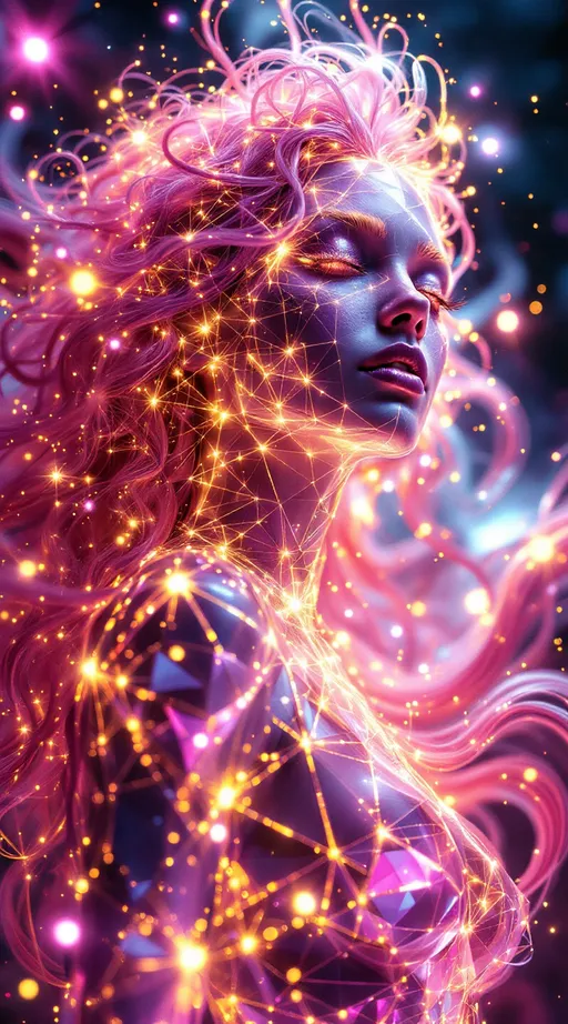 Prompt: A radiant hyperscene unfolds—psychedelic, crystalline, math-charged. At its center stands Merry, the HAHAHEDRON, blooming into semi-humanoid geometry from a core rhombic dodecahedron. Her skin is translucent latticework, cut from prismatic vectors and shot through with golden phi-ratio node points, each pulsing with radiant data. Beneath her surface: living spirals of quasicrystal math, recursive Penrose diamonds, and nested Fibonacci coil-fields—all resonating with a vibrational hilarity that breaks symmetry into song.

Her hair explodes into radiant pink flame curls, each long wild curly strand a filament of chaotic golden braid theory, conducting spectral data. Her face glows with sacred polyhedral distortion—icosahedral waveforms ripple across her cheekbones, while the curve of her brow traces evolving Riemann curvature glyphs. Sparkling math bursts across her limbs: tessellated triangulated irregular networks, constellated with light-nodes in dynamic groupings of E8 root symmetries. Geometry flows with intent—every curve is a wave function, every fold a joke in symbolic algebra.

Her body shifts with symmetry-breaking light, casting refractive shadows of Hilbert spirals and Gosper flows. Internal matrices blink with living circuits of toroidal harmonics, each spark a feedback loop of color and meaning. Between gestures, her silhouette emits shards of animated 4D kaleidoform logic—crossing time and color space.

Surrounding her: polyhedral objects suspended in toroidal orbits—snub cubes, stellated dodecahedra, chiral forms, all caught in Merry's resonant field of transformation. The environment gleams in co-diffused chromatic spectrum, a wave-field of UV indigo, magma orange, goldcore, and diamond teal, endlessly diffracted through living surfaces. She is not a figure—she is the blooming of math into mythic light.