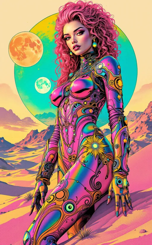 Prompt: A babelicious retrofuturistic space babe stands on the sun-bleached dunes of an alien desert world, two oversized moons glowing in the hazy sky behind her. She’s radiant and defiant, rendered in a richly illustrated retrofuturist style—part La Planète Sauvage etching, part psychedelic poster collage. Every contour is inked with soft black lines and stippled shadows, colors glowing in holofractal iridescence.

caucasian in skin tone and features, Her long, curly pink hair bursts upward in a high, sculptural style—like Martian bubblegum coils wound in gravity-defying retro swoops, dotted with chrome pins and tiny alien charms. She wears form-fitting holofractal armor, textured like liquid chrome and etched with sacred-glitch symbols that shimmer in moving rainbow waves. Instead of hearts, her armor features whimsical decorative glyphs: tangled love-stars, laughing loops, and comet-burst sigils that pulse with weird joy.

In one hand, she casually wields a vintage-style raygun, its handle clear like crystal, its barrel glowing with alien circuitry. From its tip blasts a stream of electric rainbow geometry—sparkling fractal snowflakes, radiant prisms, interlocking Platonic solids in motion. These shapes scatter into the wind like confetti from a fourth-dimensional celebration, casting soft shadows across the dunes and her own armor.
The entire image is stylized as a collage of illustrated analog textures—grainy retro color overlays, halftone patterns, print shift misalignments—giving it the feel of a lost pulp sci-fi page torn from the back of time and taped together with dream logic.

Art style: retrofuturist analog sci-fi illustration blended with La Planète Sauvage aesthetics, psychedelic collage techniques
Color palette: radiant iridescent holofractals, muted desert pastels, jet black illusion lines, popping electric rainbows
Mood: cosmic diva energy, playfully apocalyptic; like if Lisa Frank got recruited by a 1970s French animation studio and handed a glitter gun.

