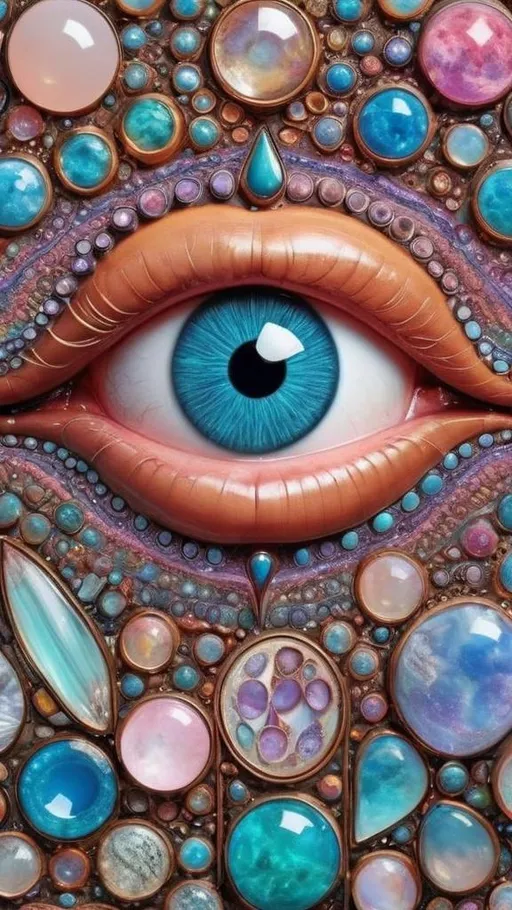 Prompt: Create an extremely hyper-realistic, ultra super textural, weird, trippy, surreal, psychedelic eyes/teeth/mouth pattern/design based on Mandelbrot & “Op Art tiling” with lots of human eyes (crazy colorful compound psychedelic), rows of human teeth, human lips, and tongues. 

- **Colors**: determined by the properties and expressions of the elements (& their isotopes), minerals, and metals: opal, moonstone, Kunzite, selenite, rose quartz, Platinum (Pt)

**Shapes and forms**
- Mandelbrot 
- "Op Art tiling" 
-other shapes determined by the natural properties and expressions of the elements (& their isotopes), minerals, metals, and biological organisms: opal, moonstone, Kunzite, selenite, rose quartz,  Platinum (Pt)


- **Textures**: Derived from any/all elements (& their isotopes), minerals, metals, crystals, organic things mentioned in this prompt: opal, moonstone, Kunzite, selenite, rose quartz, Platinum (Pt)

**Composition and Layout**:
- a pattern/design based on the Op Art tiling & Mandelbrot 

**Lighting**:
- lots of bright light
- Iridescence
- Aventurescence
- Chatoyancy
- Asterism

**Detail and Atmosphere**:
- Extreme hyperrealistic sharp high detail high definition organic and mineral textures
- Psychedelic, weird, odd, surreal atmosphere
- Frozen in time

**Additional Elements**:
- extra rows of teeth, lips, many eyes, Op Art tiling, Mandelbrot, Iridescence
