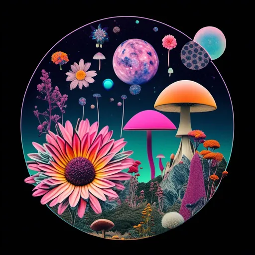 Prompt: A psychedelic collage evoking a vintage 70s sci fi feel but I stead of the sci-fi theme let’s do wildflowers. Photos and art of wildflowers spliced with things like psychedelic patterns/optical illusions, landscapes, geometry, mushrooms/fungus, insects, crystals, gemstones, the sun & moon, etc. Employ a pretty floral color pallet but keep that surreal feel in this natural organic psychedelic collage<mymodel> 