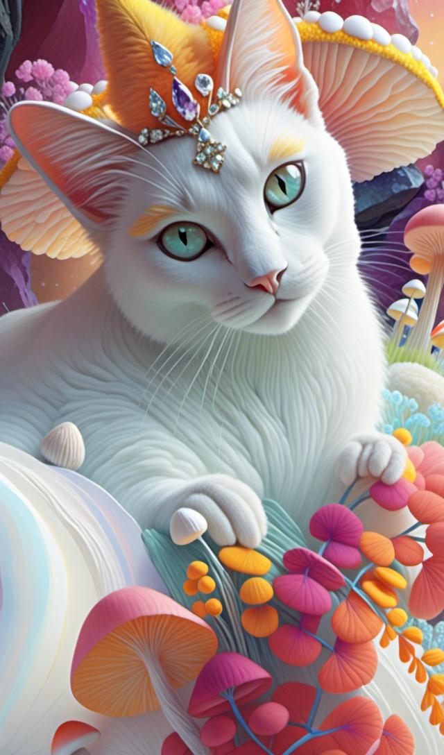 Prompt: <mymodel>White cat princess with flowers and mushrooms, digital painting, pastel colors, fantasy, detailed fur with soft highlights, elegant and regal posture, magical forest setting, high quality, fantasy, digital painting, pastel colors, princess, elegant, detailed fur, magical, regal, flowers, mushrooms, fantasy setting, high quality