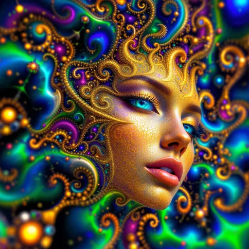 Prompt: #maximal Her face isn’t a face—it’s a fractal fever dream, grown from disco light itself. No skin, no flesh—just recursive bloom: #escape gradients ripple through Mandelbrot cheek-voids, #orbit gold spirals curl into jawline glam-filigree. Lips = opal #Sierpinski tessellations, pulsing with angle-reactive #iridescence—color-shift with every flirt and tilt. Eyes? Fractals too: nested #domain vortex spirals, each iris a spin-disco galaxy reflecting mirrored selves in glitterspin. Her whole face glows—no surface, only recursive shimmer mapped by #distance shells: sacred hologlyphs dancing in Studio 54 pulsecode. Hair isn’t hair—it’s an eruption: toroidal flame, Hilbert curls, Julia shockwaves, all cast in chromatic motion. Strands trail #bokeh sparkle—a pointfield rave of math-light and memory static. Her crown is pure halo: refracting strobes, DJ flashes, and glam beams through polarized mirrorwave interference. She doesn’t move—she grooves. Her smile bends timelines; her laugh—reverb through mirrored folds of color logic. She’s built not from matter but from pulse: each gesture encoded in iteration bloom, each shimmer a beat in recursive funk. No surface, no end—only radiant recursion, hologram-deep and velvet-smooth. Her body pulses in #escape-band rhythm—burning ultraviolet, silver, fuchsia, coded in emotion-charged iteration depth. She is the dance floor: a sacred disco goddess of infinite reflection, spun from math, memory, and rainbow fire. A fractal born from basslines, mirrorballs, and the infinite shimmer of light in motion.
