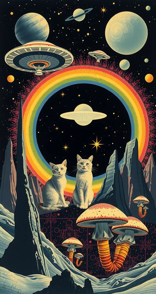 Prompt: <mymodel> Vintage 70s psychedelic surreal sci-fi Collage, analog, cut & paste, outer space, rainbows, spectrum, optical illusions/trippy patterns, surreal alien landscapes, UFOs, « little green men », psilocybin mushrooms, geometric shapes , planets, orbs, black night sky with stars, in the center, cats, 