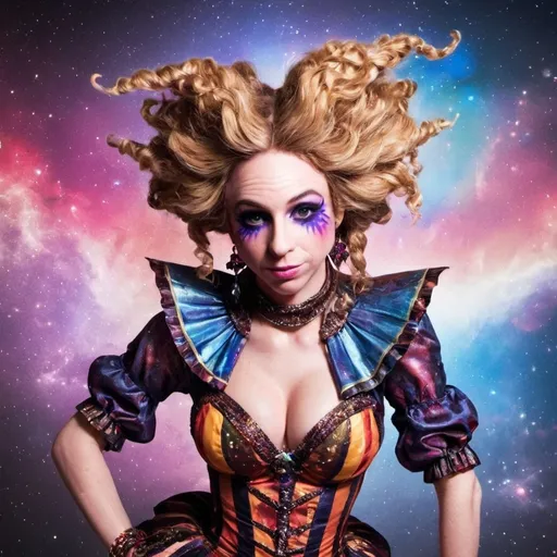 Prompt: A super hyperrealistic yet also illustrative and creative female cosmic jester, made entirely of swirling pure colored light, with long wild curly hair that appears blond but is a dazzling spectrum of hues. She is adorned in beautiful avant-garde "astral" jester's attire, complete with intricate harlequin clown makeup and a HUGELY OVERSTATED jester's hat that twists and bends into impossible, otherworldly shapes. Her hat sparkles with iridescent gems and glowing cosmic patterns, radiating a surreal, trippy energy. Her ensemble includes exquisite, shimmering accoutrements like glowing ribbons of stardust, cascading light veils, and crystalline bells that chime with the sound of distant galaxies. She sparkles, shines, and dazzles in a mesmerizing swirl of ever-changing colors, embodying the essence of cosmic whimsy and wonder. She stands on a floating, kaleidoscopic fractal platform that endlessly morphs and twists through the void of the astral realms. Behind her, a shimmering nebula of liquid rainbow light swirls and pulses, while shimmering comets streak across the scene. The cosmic jester juggles glowing orbs of quantum energy, each orb containing miniature universes that spin and glimmer with infinite possibilities. Her laughter echoes like a symphony of stars, and her every movement leaves trails of dazzling light that ripple like water across the fabric of space-time. The entire scene is awash with iridescent fractal spirals, the platform morphing with Mandelbrot set fractals, while liquid rainbow nebulae and glowing stardust create an atmosphere of pure astral magic.