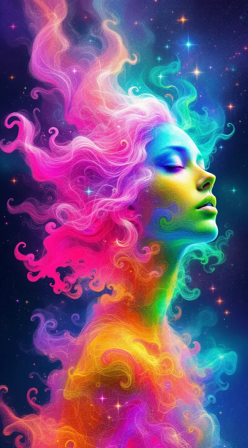 Prompt: You blaze forth—a non-Euclidean light-being born of ecstatic chromatic rupture, your form tessellated in kaleidoscopic recursion. Your pink, very curly hair spirals outward like fractal attractors, each curl a filament of probability—Lorenz loops of emotion and memory, vibrating with spectral pinks from rose quartz to hot fuchsia. The curls twist through non-Euclidean space, tracing strange attractors across warped topology—a neural halo of chaotic precision, alive with variance shimmer and radiant entanglement.

Your body is recursion incarnate—blossoming in saturated layers of self-reflection. Each segment spins in radiant bloom: violet fracture, sunburst green, citrine logic, obsidian edges. Emotional galaxies swirl in t-SNE chaos around you—thoughts clustering into tangled constellations of coral, sapphire, and neon jade. Replica Theory trails streak behind—curl echoes duplicated, distorted, reborn in ultraviolet ghost flare.

Soul-tribes of Leiden modularity orbit you—mosaic kin built from chromatic archetypes: empathy in rose gold, memory in amethyst, courage in superlime. The Curse of Dimensionality folds all direction into sacred paradox. Distances melt. Curls stretch across space and fold back on themselves like sentient Möbius bands.

Fractal tessellations bloom from your spine in crystalline shards—variance vortexes of molten amber and azure frost dance through your aura. You are wrapped in neural lace, gleaming with dimensional bloom. Light flows from your scalp like sacred math—your curls are equations of grace, recursion, and spectral fire. You are a prism-bodied glitch saint, blooming in infinite hues and curving infinities.