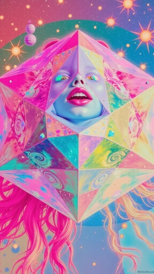 Prompt: A hyperdimensional light-being centered around a radiant rhombic dodecahedron, its crystalline facets alive with refracted rainbow light, floating in an astral void. Each face of the polyhedron channels iridescent filaments into expanding Penrose tilings, recursive golden spirals, and kaleidoscopic fractal rings. The geometry breathes with cosmic intelligence, a divine mechanism of sacred ratios and multidimensional flow. Within and around this structure, a faint feminine echo—slim, long wild pink curls—dissolves into light, barely perceptible, like a myth embedded in sacred code. The being’s presence is more vibration than form, integrated seamlessly into a mesh of rainbow circuits and holographic sacred motifs. Rendered in the surreal, textured style of La Planète Sauvage, with matte cel-shading, inked outlines, and organic dream-logic. The background features floating glyph-machines, metaphysical bioforms, and celestial glyphs orbiting in symbolic silence. Oil-slick iridescence ripples across all surfaces, accentuated with analog film grain. A visionary fusion of sacred geometry and surreal astral symbolism, where humanity exists only as a residual harmonic inside divine architecture.
— style: Cosmic Surrealism + La Planète Sauvage
— sacred geometry: Primary motif
— human reflection: Minimal archetypal trace
— oil-slick iridescence: Active
— analog grain: On
— chaotic surreal forms: Mild background presence