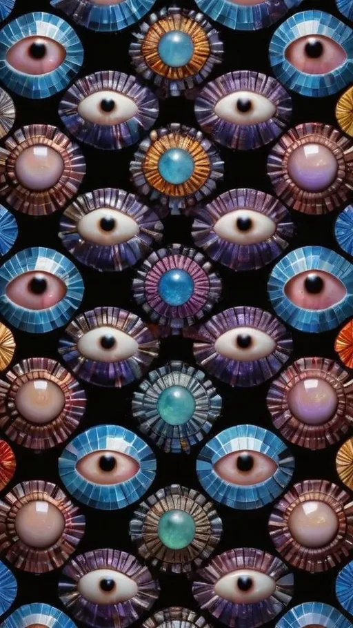 Prompt: Create an extremely hyper-realistic, ultra super textural, weird, trippy, surreal, psychedelic eyes/teeth/mouth pattern/design based on Mandelbrot & “Op Art tiling” with lots of human eyes (crazy colorful compound psychedelic), rows of human teeth, human lips, and tongues. 

- **Colors**: determined by the properties and expressions of the elements (& their isotopes), minerals, and metals: opal, moonstone, amethyst, rose quartz, Platinum (Pt)

**Shapes and forms**
- Mandelbrot 
- "Op Art tiling" 
-other shapes determined by the natural properties and expressions of the elements (& their isotopes), minerals, metals, and biological organisms: opal, moonstone, amethyst, rose quartz,  Platinum (Pt)


- **Textures**: Derived from any/all elements (& their isotopes), minerals, metals, crystals, organic things mentioned in this prompt: opal, moonstone, amethyst, rose quartz, Platinum (Pt)

**Composition and Layout**:
- a pattern/design based on the Op Art tiling & Mandelbrot 

**Lighting**:
- lots of bright light
- Phosphorescence

**Detail and Atmosphere**:
- Extreme hyperrealistic sharp high detail high definition organic and mineral textures
- Psychedelic, weird, odd, surreal atmosphere
- Frozen in time

**Additional Elements**:
- extra rows of teeth, lips, many eyes, Op Art tiling, Mandelbrot 
