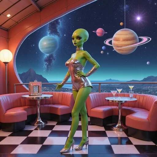 Prompt: A glamorous bald alien pin-up lounges on the open-air deck of a retrofuturistic UFO bar, styled in a vivid cartoonish retro pop aesthetic. She has vivid green skin, and large solid black almond-shaped eyes. Her body is fashion doll-perfect, wrapped in a sparkling chrome strapless romper paired with silver high heels and metallic arm cuffs. She stands confidently on a black-and-white checkered floor that extends to the edge of the open deck, where the cosmos yawns wide—outer space fully visible in the background, with glittering constellations, candy-colored planets, pastel nebulas, and floating asteroids casting soft holo-glows. Inside the lounge, the décor is pure atomic-age space camp: vinyl booths shaped like crescent moons, planet chandeliers, a rocket-shaped jukebox, neon signs for “Cosmic Cocktails,” and orbiting martini glasses that hover midair. Chrome finishes and pastel lighting bathe the entire scene in analog sparkle, blending 1950s glam with deep-space dazzle in a dreamy outer space skyline.
