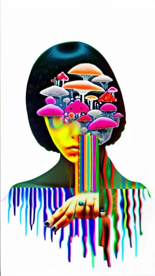 Prompt: A mixed media collage of a black and white photograph of a young woman growing all kinds of colorful multimedia psychedelic mushrooms and fungus out of her body (incorporate things like- but are not limited to - vibrant paints, enamels, glitters, metallic foils, newspaper and magazine cut paper, paint spatter, etc)<mymodel>