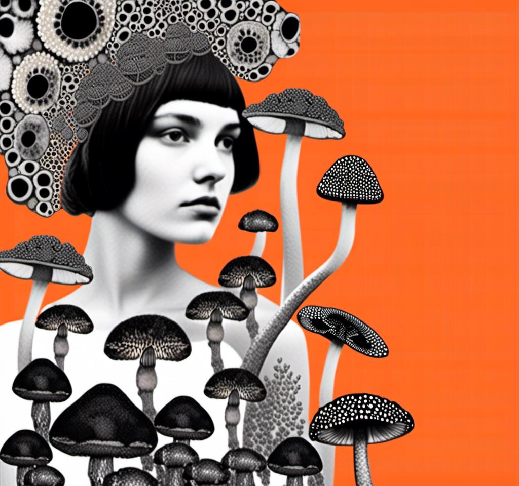 Prompt: a mixed media collage of a girl wearing or growing mushrooms/fungus as clothing body parts and accessories. She is a black and white or halftone photograph, the mushrooms and fungal growths are to be mixed media, including but not limited to paint, enamel, foils, glitter, sparkle, sequins, found objects, natural items, rhinestones etc <mymodel>